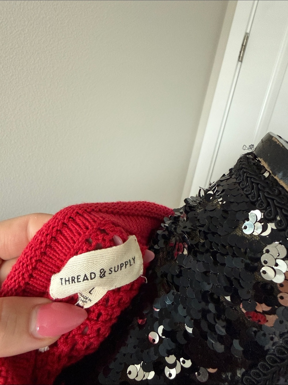Thread & Supply Red Crochet Knit Top with American Flag Patch - Picture 5 of 6